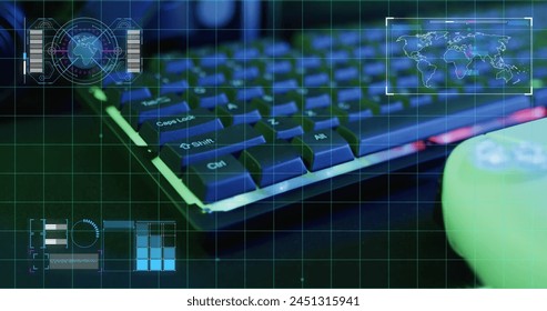 Image of scope and data processing over image game computer equipment. Global image game, digital interface, data processing and connections concept digitally generated image.