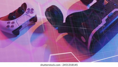 Image of scope and data processing over image game computer equipment. Global image game, digital interface, data processing and connections concept digitally generated image.