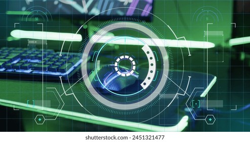 Image of scope and data processing over image game computer equipment. Global image game, digital interface, data processing and connections concept digitally generated image.