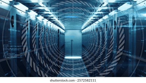 Image of scope and data processing over computer servers. Global finance, business, connections, computing and data processing concept digitally generated image.