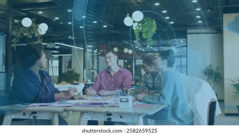 Image of scope and data processing over diverse business people in office. Global finance, business, connections, computing and data processing concept digitally generated image.