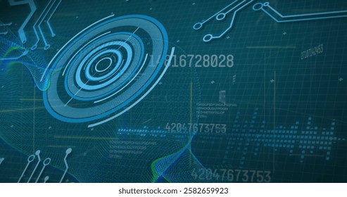 Image of scope and data processing over computer circuit board. Global connections, computing and data processing concept digitally generated image.