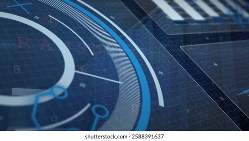 Image of scope and data processing over computer circuit. Global connections, computing and data processing concept digitally generated image.