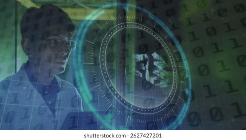 Image of scope and data processing over asian male it engineer by computer servers. global data processing, servers and cloud computing concept digitally generated image.