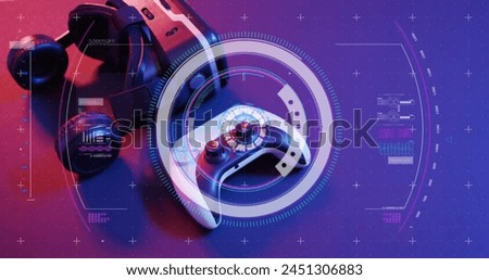 Image of scope and data processing over image game computer equipment. Global image game, digital interface, data processing and connections concept digitally generated image.