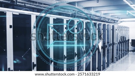 Image of scope with email icon and data processing over computer servers. Global business, finances, cloud computing and data processing concept digitally generated image.
