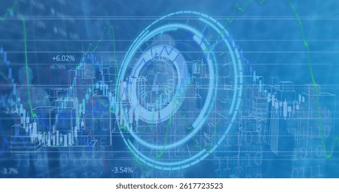 Image of scope, financial data processing over 3d cityscape drawing. global data processing and development concept digitally generated image.