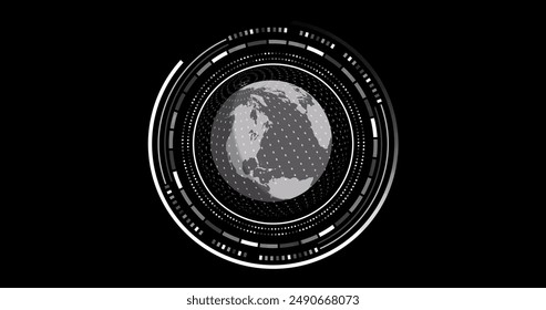 Image of scope with globe and data processing over black background. Global finance, business, connections, computing and data processing concept digitally generated image.