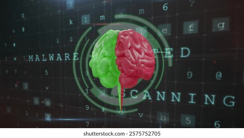 Image of scope, human brain and data processing. Global artificial intelligence, connections, computing and data processing concept digitally generated image.
