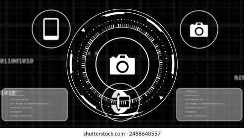 Image of scope with icons and data processing over black background. Global artificial intelligence, connections, computing and data processing concept digitally generated image.