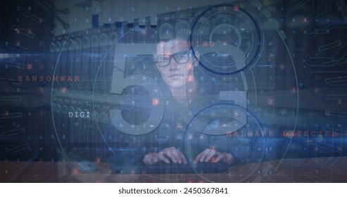 Image of scope scanning with 5g text and data processing over caucasian hacker in server room. Global technology, computing and digital interface concept digitally generated image.