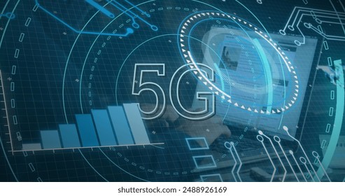 Image of scope scanning with 5g text and data processing over hands typing on keyboard. Global technology, computing and digital interface concept digitally generated image.