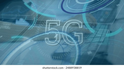 Image of scope scanning with 5g text and data processing over hands typing on keyboard. Global technology, computing and digital interface concept digitally generated image.