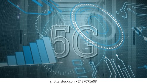 Image of scope scanning with 5g text and data processing over server room. Global technology, computing and digital interface concept digitally generated image.