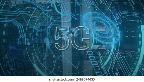 Image of scope scanning with 5g text and data processing over server room. Global technology, computing and digital interface concept digitally generated image.
