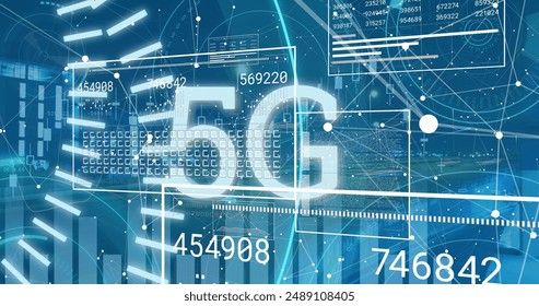 Image of scope scanning with 5g text and data processing over cityscape. Global technology, computing and digital interface concept digitally generated image.