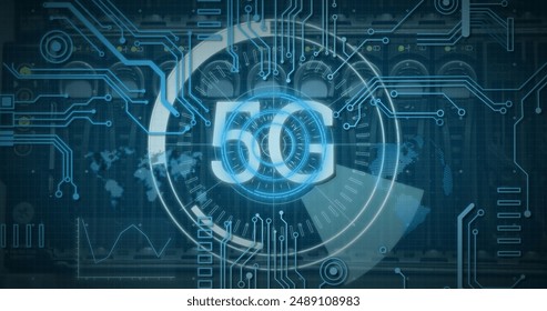 Image of scope scanning with 5g text and data processing over server room. Global technology, computing and digital interface concept digitally generated image.