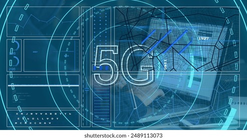 Image of scope scanning with 5g text and data processing over caucasian male hacker. Global technology, computing and digital interface concept digitally generated image.