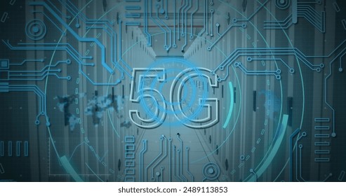 Image of scope scanning with 5g text and data processing over server room. Global technology, computing and digital interface concept digitally generated image.