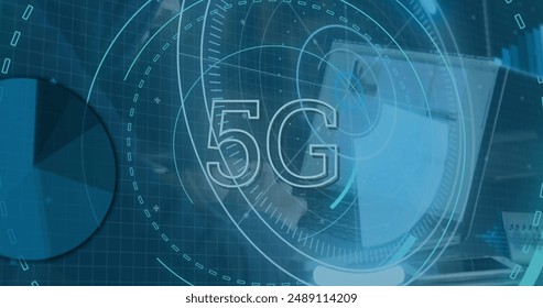 Image of scope scanning with 5g text and data processing over caucasian male hacker. Global technology, computing and digital interface concept digitally generated image.