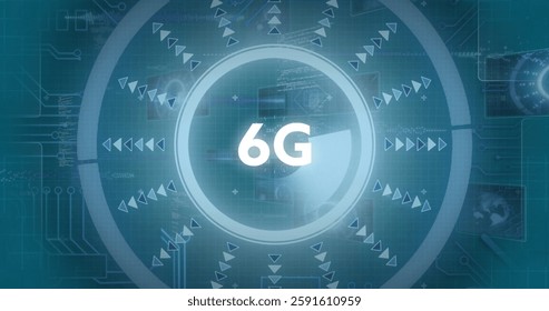 Image of scope scanning with 6g over data processing on black background. Global technology, computing and digital interface concept digitally generated image.