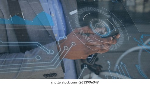 Image of scope scanning and computer circuit board over businessman using smartphone. global connections, business and data processing concept digitally generated image.