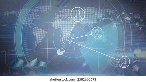 Image of scope scanning with connections over world map on blue background. Global technology, computing and digital interface concept digitally generated image.