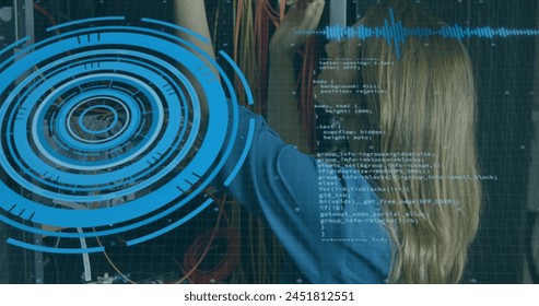 Image of scope scanning and data over caucasian female it technician by computer server. global computing and data processing concept digitally generated image.