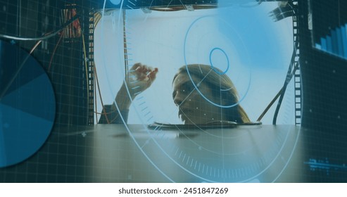 Image of scope scanning and data over caucasian female it technician by computer server. global computing and data processing concept digitally generated image. - Powered by Shutterstock - Get 15% off with code: PIKWIZARD15