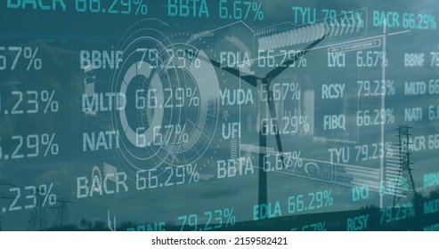 Image of scope scanning and data processing on blue background. environment, renewable energy and sustainability concept digitally generated image.