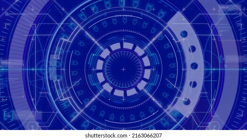 Image of scope scanning and data processing on blue background. digital interface concept digitally generated image.