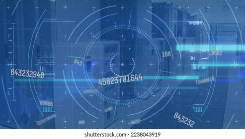 Image of scope scanning and data processing over empty office. Global communication technology and data sharing concept digitally generated image.