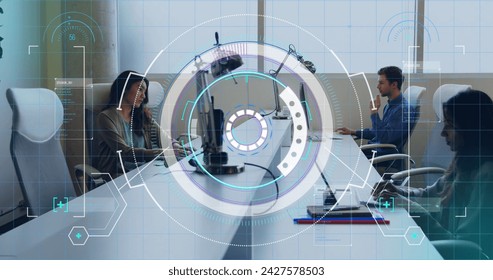 Image of scope scanning and data processing over diverse business people in office. Global business, digital interface, computing and data processing concept digitally generated image.