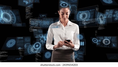 Image of scope scanning and data processing over woman using smartphone. digital interface, communication and technology concept digitally generated image.