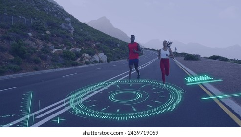 Image of scope scanning and data processing over african american runners. Global sport and digital interface concept digitally generated image. - Powered by Shutterstock - Get 15% off with code: PIKWIZARD15