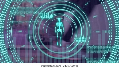 Image of scope scanning and data processing with skeleton over caucasian people at gym. Global sport and digital interface concept digitally generated image. - Powered by Shutterstock - Get 15% off with code: PIKWIZARD15