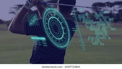 Image of scope scanning and data processing over caucasian man playing golf. Global sport and digital interface concept digitally generated image. - Powered by Shutterstock - Get 15% off with code: PIKWIZARD15