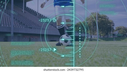 Image of scope scanning and data processing over caucasian man playing football. Global sport and digital interface concept digitally generated image. - Powered by Shutterstock