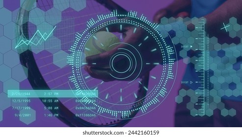 Image of scope scanning and data processing over african american male tennis player. Global sport and digital interface concept digitally generated image. - Powered by Shutterstock