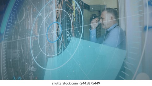 Image of scope scanning and data processing over caucasian it man computer server. global computing and data processing concept digitally generated image.