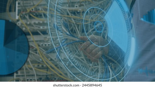 Image of scope scanning and data processing over cables in computer server. global computing and data processing concept digitally generated image.