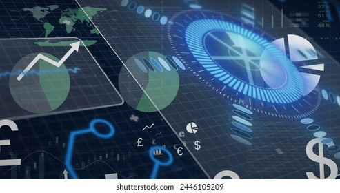 Image of scope scanning and data processing. Global business, finance, computing and data processing concept digitally generated image.