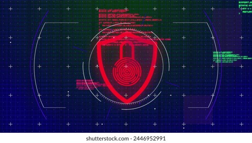 Image of scope scanning and data processing with biometric fingerprint security check on blue background. Digital interface global connection and communication concept digitally generated image.