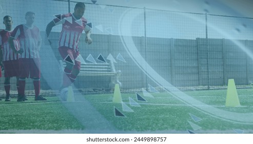 Image of scope scanning and data processing over football player kicking ball. digital interface, technology, sports and competition concept digitally generated image. - Powered by Shutterstock