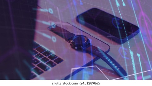 Image of scope scanning and data processing over laptop, smartwatch and smartphone. Global digital interface, data processing and connections concept digitally generated image.
