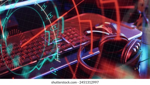 Image of scope scanning and data processing over laptop and headphones. Global digital interface, data processing and connections concept digitally generated image.