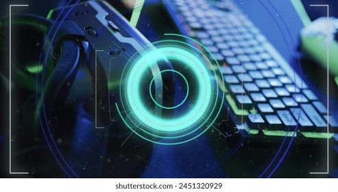 Image of scope scanning and data processing over image game computer equipment. Global digital interface, data processing and connections concept digitally generated image.