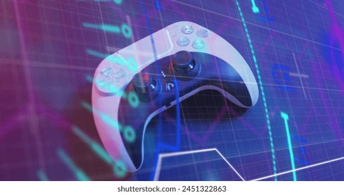 Image of scope scanning and data processing over image game computer equipment. Global digital interface, data processing and connections concept digitally generated image.