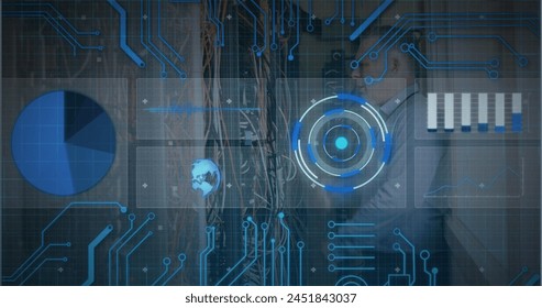 Image of scope scanning and data processing over caucasian male it technician by computer server. global computing and data processing concept digitally generated image.