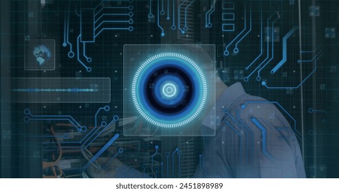 Image of scope scanning and data processing over caucasian male it technician by computer server. global computing and data processing concept digitally generated image.